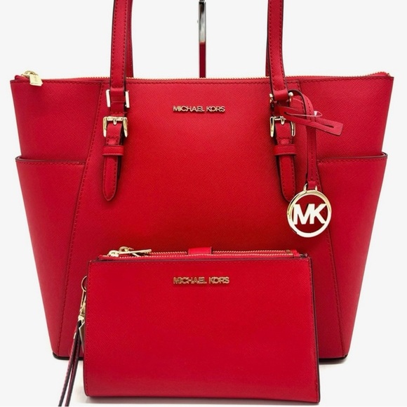 Michael Kors Large Charlotte Tote Bag & Large Double Zip Wallet Bright Red - Picture 1 of 13
